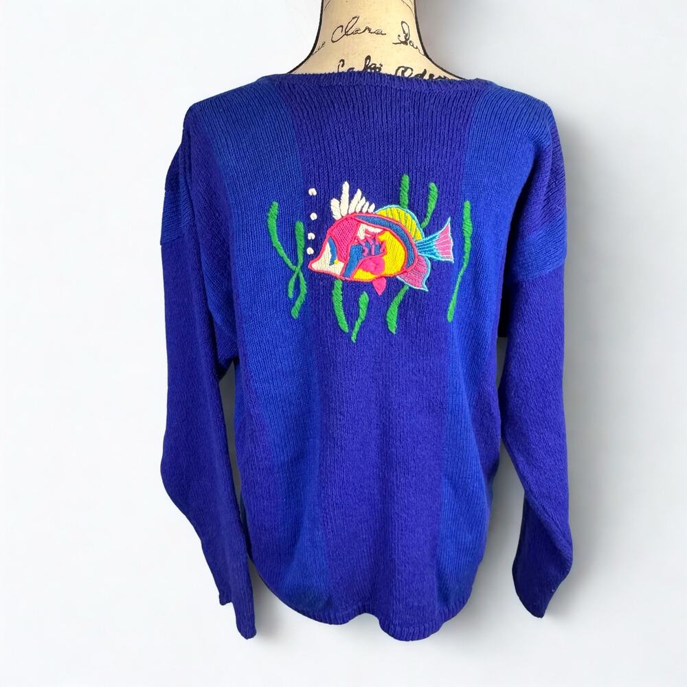 Vtg PBJ Sport Cardigan Sweater Embroidered Ocean Fish Sz S/P Quirky 90s Kidcore - Picture 4 of 16